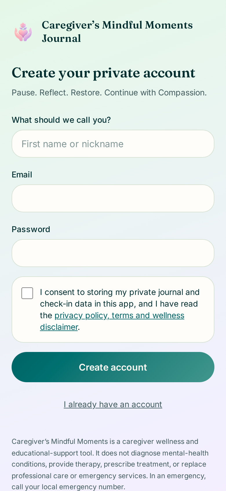 Sign in screen of Caregiver's Mindful Moments Journal