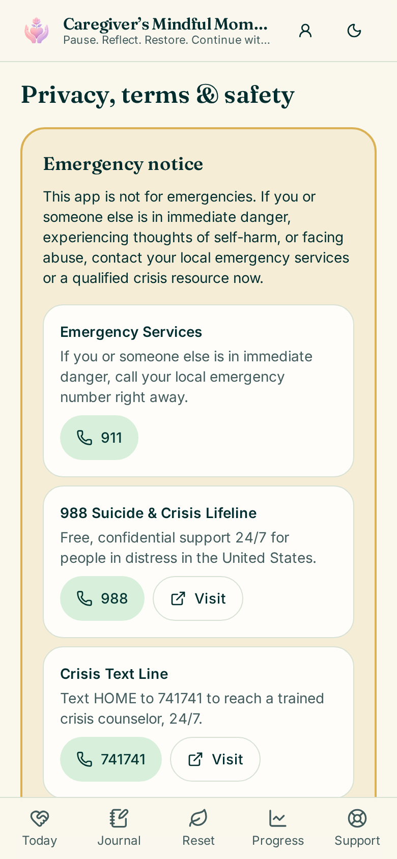 Safety & privacy screen of Caregiver's Mindful Moments Journal