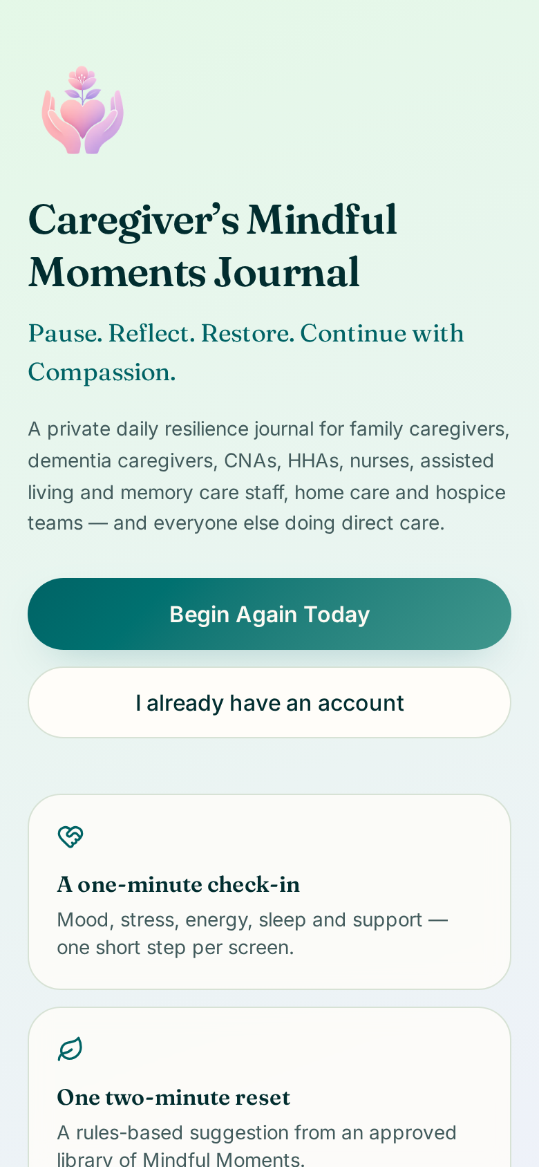 Welcome screen of Caregiver's Mindful Moments Journal